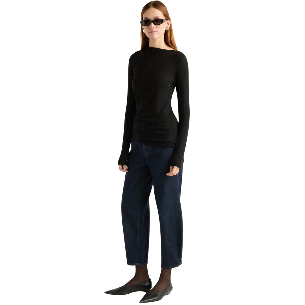 Modern Citizen Vittoria Asymmetric Neck Ruched Semi-Sheer Long Sleeve Tee Black - Picture 9 of 15